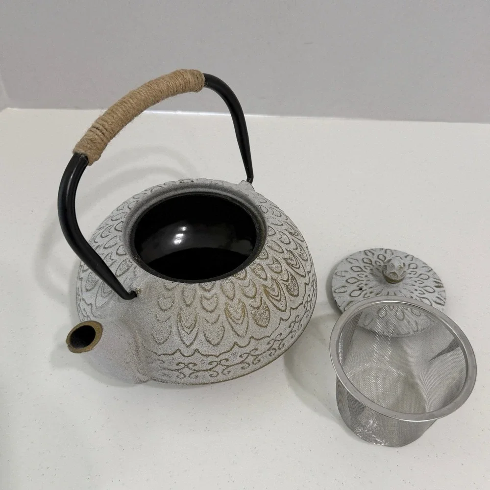 Cast Iron Teapot White Gold Distressed Boho Zen Tea‎ Pot w/ Stainless Infuser